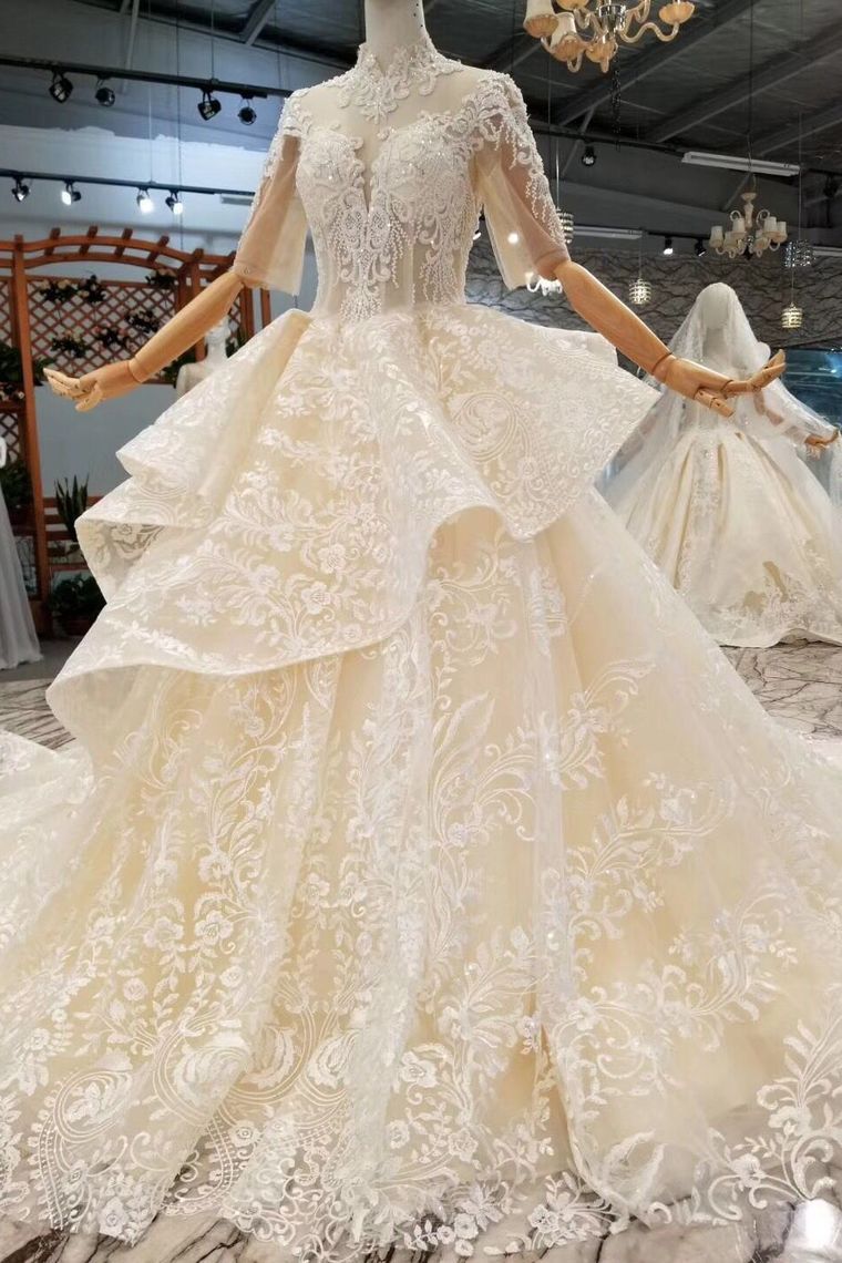 Luxury Wedding Dresses High Neck A-Line Lace Half Sleeves Open Back Cathedral Train