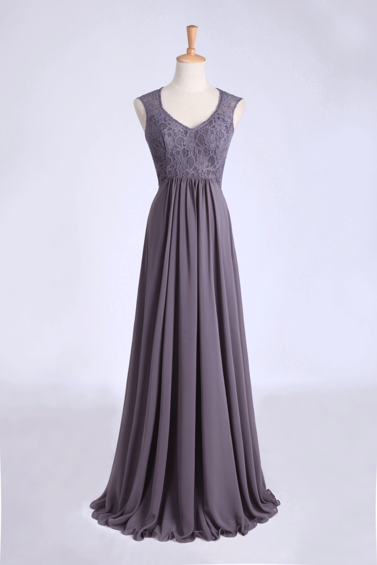 2024 V-Neck A Line Bridesmaid Dresses Floor Length Lace & Chiffon