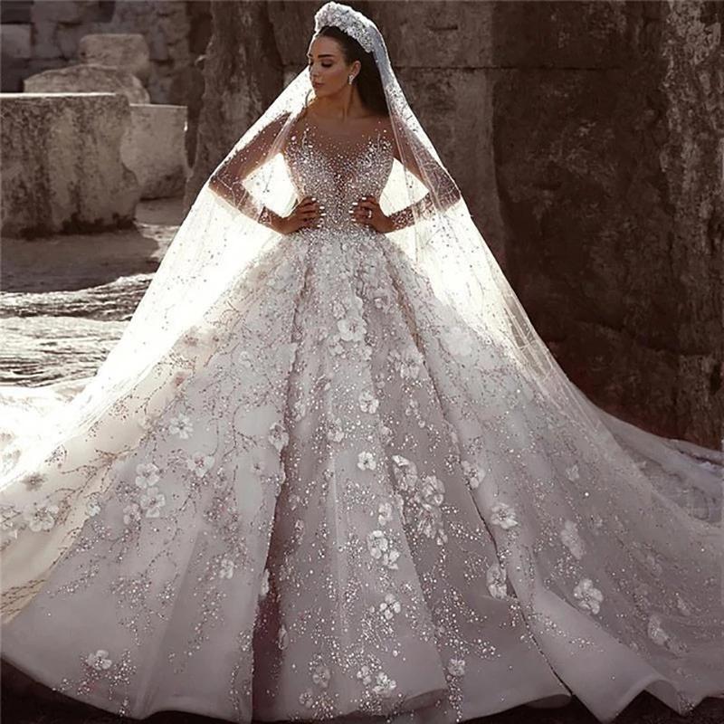 Stunning Long Sleeve Ball Gown 3D Flowers Wedding Dresses, Long Wedding Gowns SJS15435