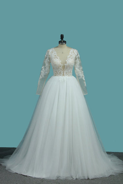 2024 Long Sleeves A Line Scoop Tulle Wedding Dresses With Applique Chapel Train