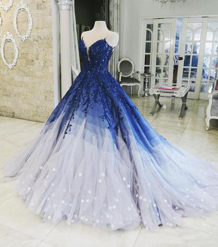 Ombre Ball Gown Royal Blue Prom Dresses With Appliques, Long V Neck Quinceanera Dresses SRS15275