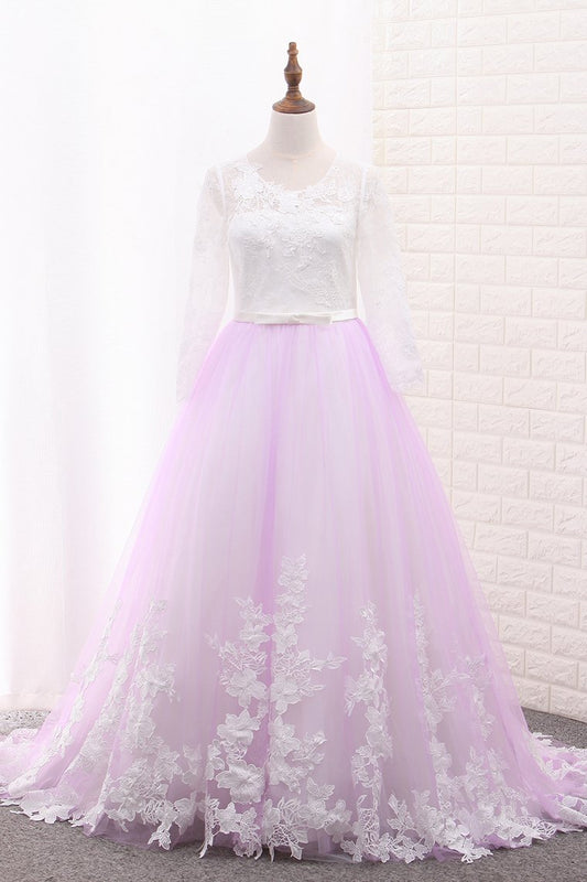 A Line Long Sleeves Tulle Scoop Flower Girl Dresses With Applique And Sash