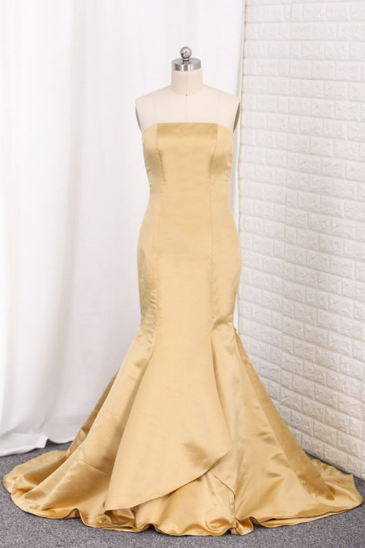 2024 Evening Dresses Mermaid Strapless Satin Sweep Train