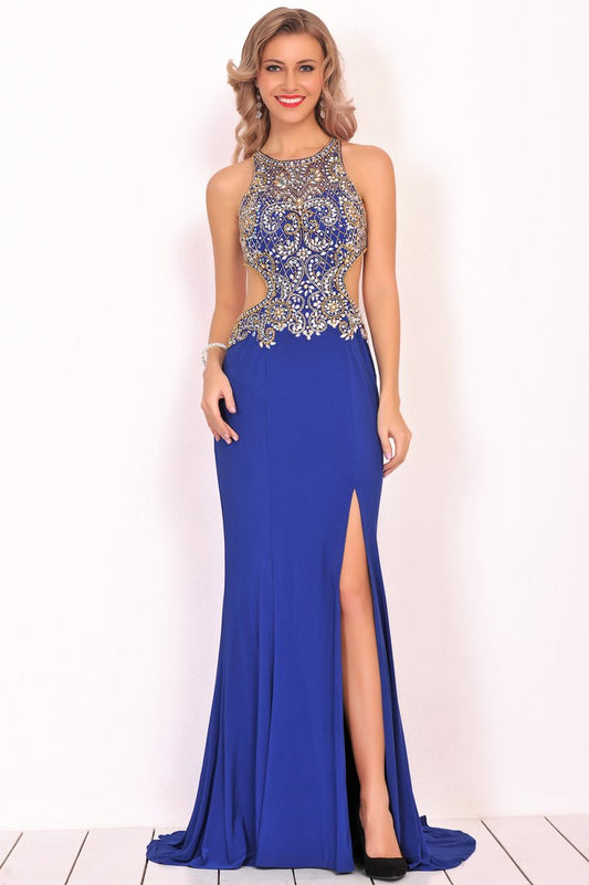 2024 Sexy Open Back Scoop Mermaid Prom Dresses Spandex With Beads And Slit