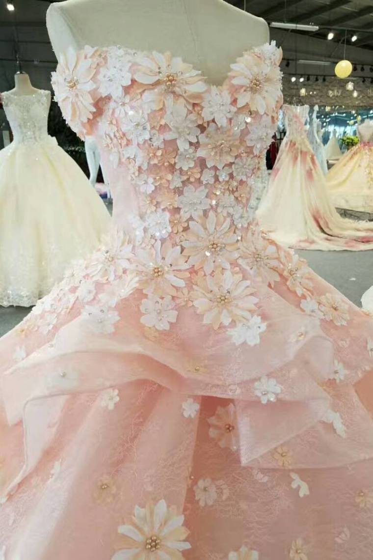 Pink Wedding Dresses Lace Up With Handmade Flower Sweetheart Neck