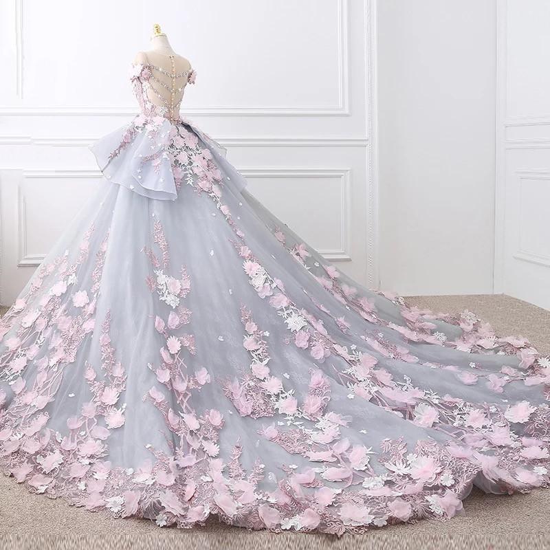 Pretty Flowers Quinceanera Dresses Ball Gown Long Backless Wedding Gowns JS357