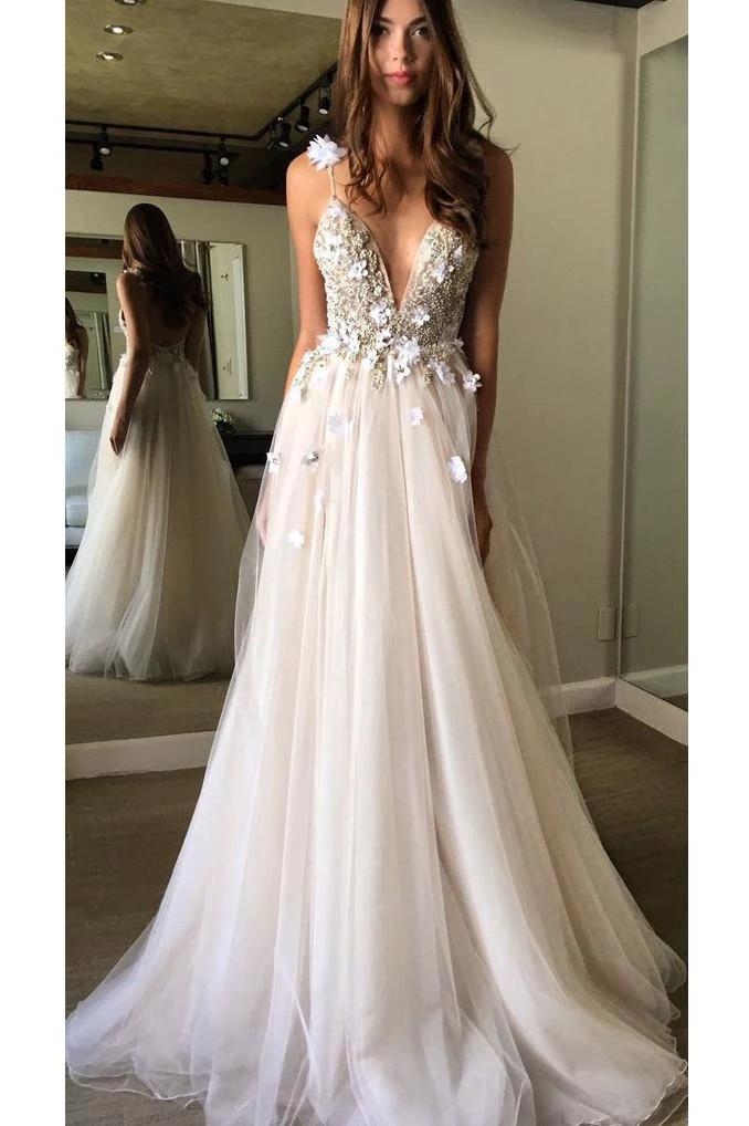 Spaghetti Straps Deep V Neck Backless Tulle Prom Dress with Flowers, Beach Wedding Gowns SRS15413