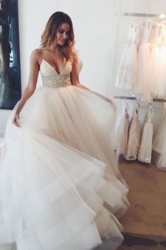 Tulle Wedding Dresses Spaghetti Straps A Line With Beaded Waistline