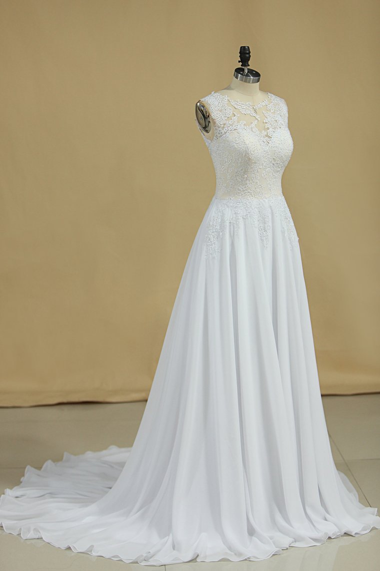 2024 Open Back Scoop Wedding Dresses 30D Chiffon With Applique A Line