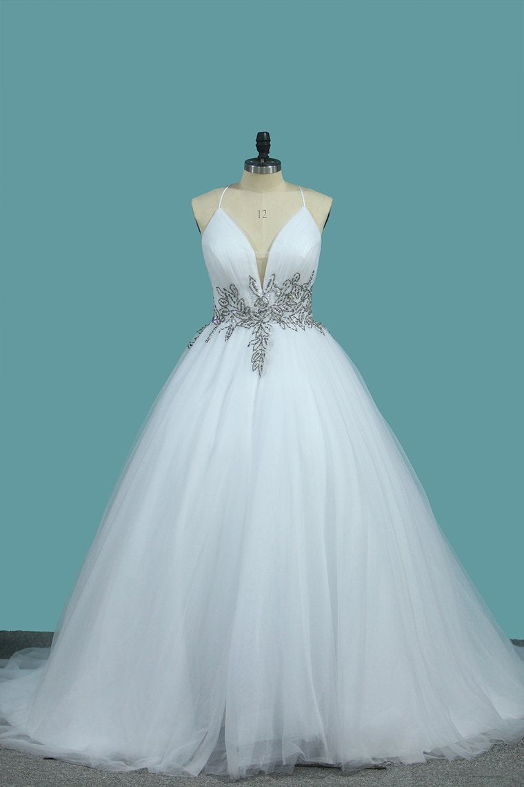 2024 A Line Spaghetti Straps Wedding Dresses Tulle With Beads Open Back