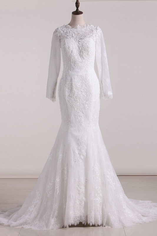 Wedding Dresses Scoop Long Sleeves Open Back Lace With Applique