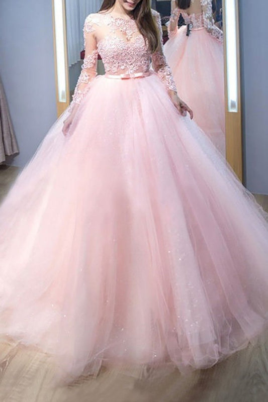 2024 Pink Ball Gown Jewel Long Sleeves Sweep/Brush Train Lace Tulle Evening Dresses