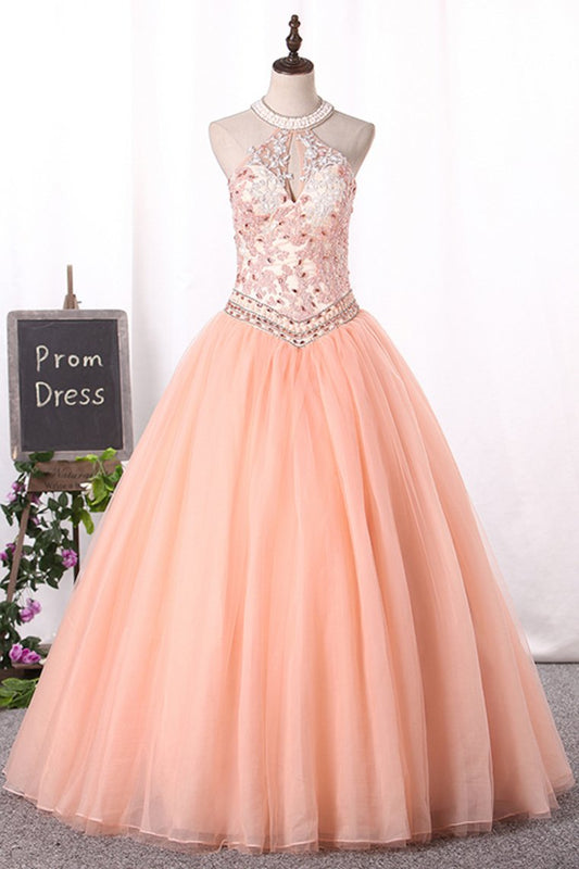 Quinceanera Dresses Ball Gown High Neck Tulle With Applique Lace Up