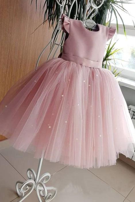 Lovely Pretty Pink Round Neck Tulle Flower Girl Dresses, Cheap Wedding Little Girl SJS15258