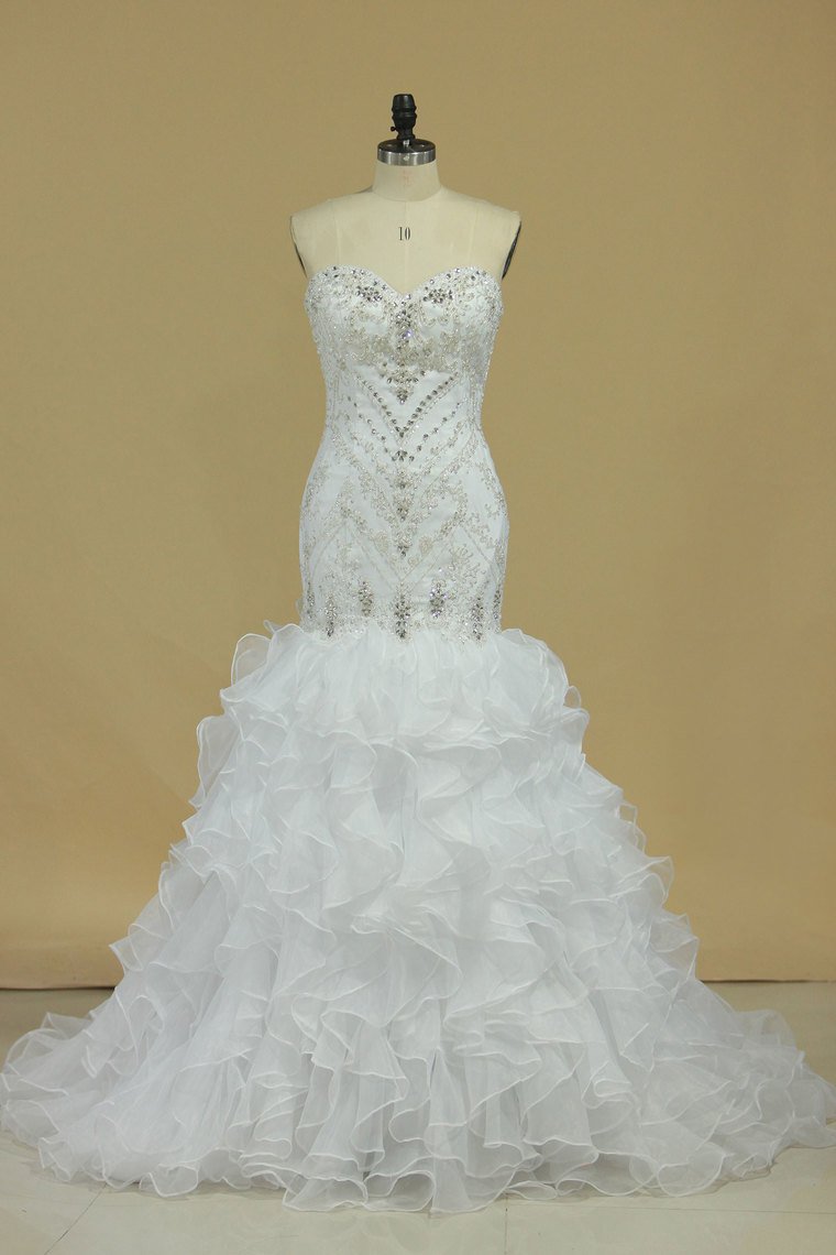 Sweetheart Wedding Dresses Beaded Bodice Organza Chapel Train