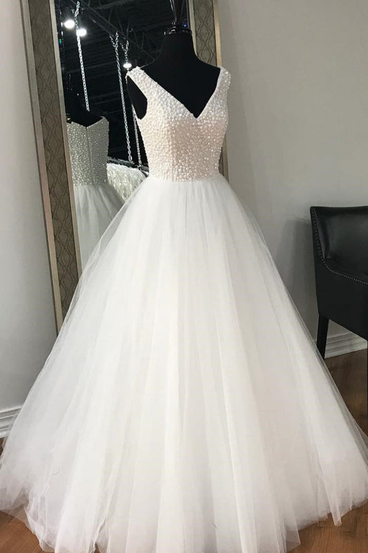 V Neck Beading Floor-Length Long Wedding Dresses