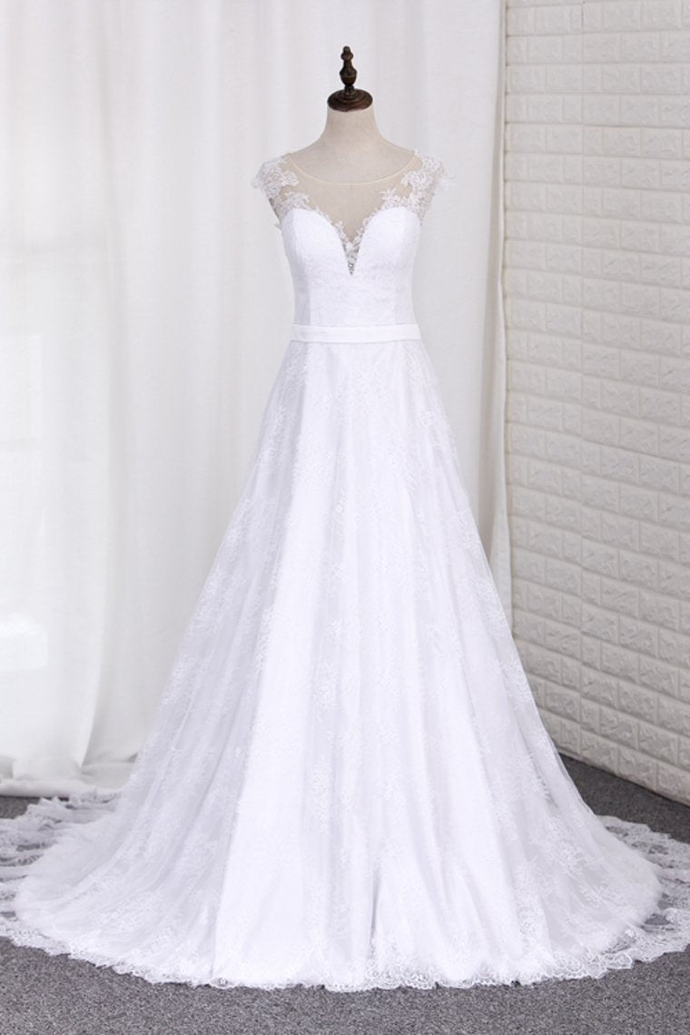 V Neck A Line Wedding Dresses Lace With Sash Court Train