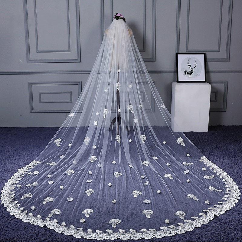 3M Tulle Ivory Wedding Veils with Appliques, Fashion Hand Made Flowers Wedding Veils SRS15544