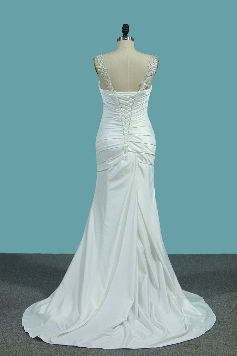 Stretch Satin Wedding Dresses Mermaid With Beads And Ruffles New Arrival