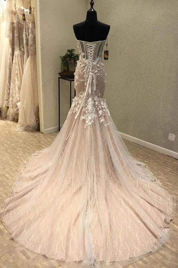 Gorgeous Sweetheart Mermaid Lace Appliqued Wedding Dresses Strapless Bridal SRSPJ18HD74