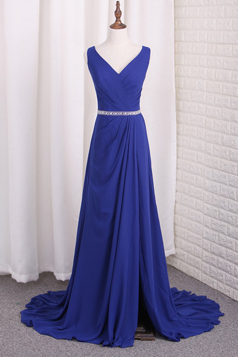 V Neck Bridesmaid Dresses A Line Chiffon With Beads And Slit