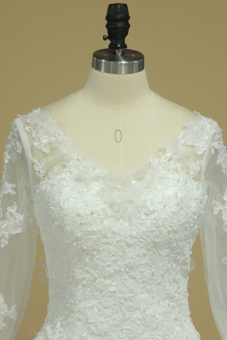 V Neck Long Sleeves Wedding Dresses With Applique Organza Open Back