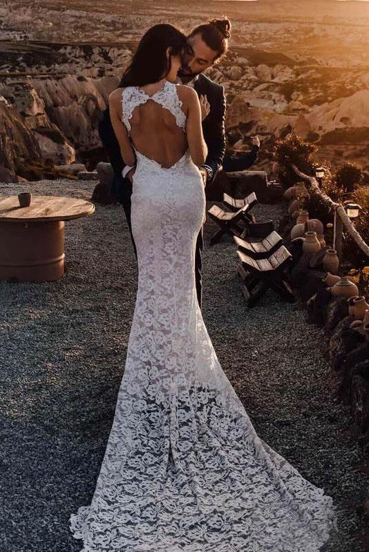 Charming Sheath Lace Bridal Gown with Slit Open Back Ivory Boho Wedding Dresses SRS15124