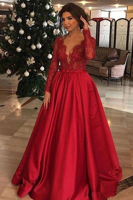 Elegant Long Sleeve Red Lace Beads Long Prom Dresses, A Line Satin Evening Dresses SRS15174