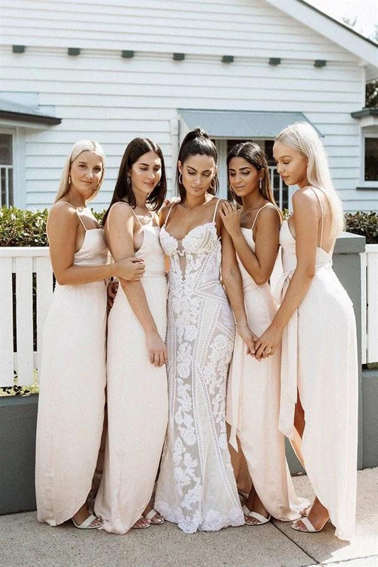 A Line Chiffon Spaghetti Straps Blush Pink Bridesmaid Dresses with Split, Long Prom Dress SRS15486