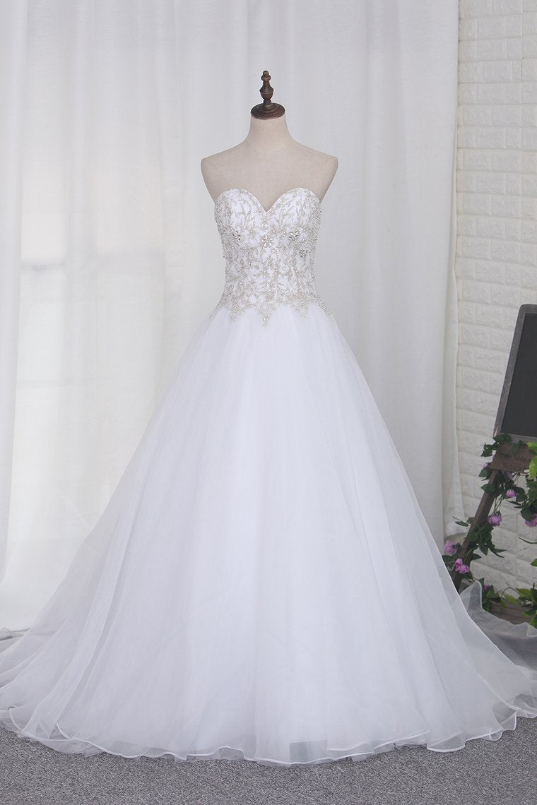 2024 A Line Sweetheart Beaded Bodice Wedding Dresses Organza Court Train