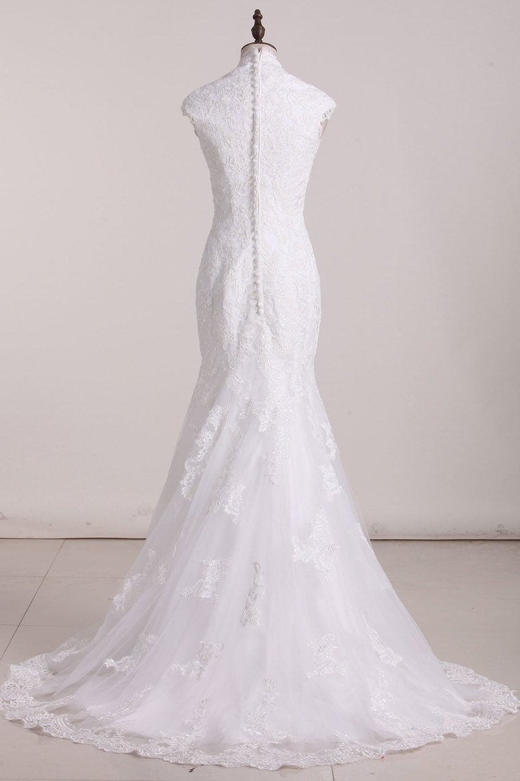 V Neck Wedding Dresses Tulle With Applique And Sash Sweep Train