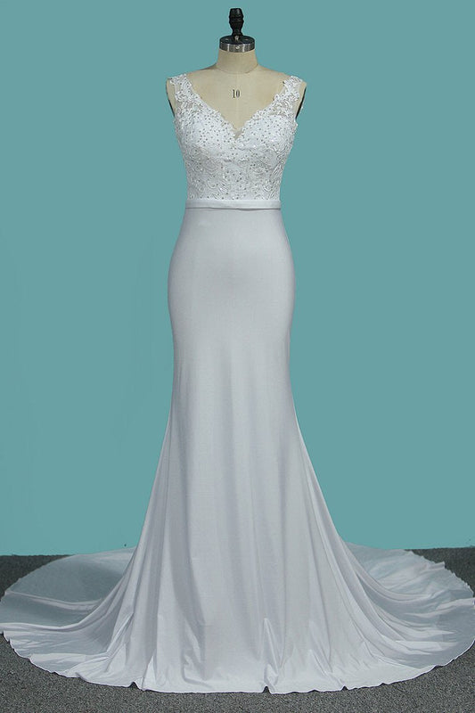 V Neck Open Back Spandex Wedding Dresses With Applique Mermaid