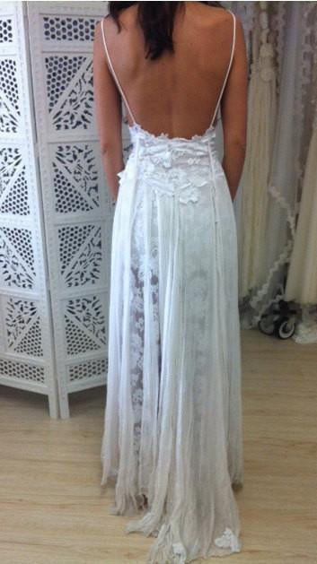 Stunning Backless White Lace Boho Spaghetti Straps Chiffon Beach Lace Lining Wedding Dress JS804