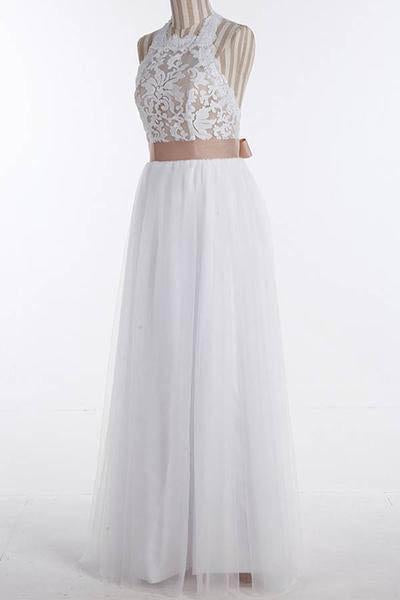 Simple A-Line White Open Back Jewel Sleeveless Floor-Length Lace Top Halter Wedding Dress