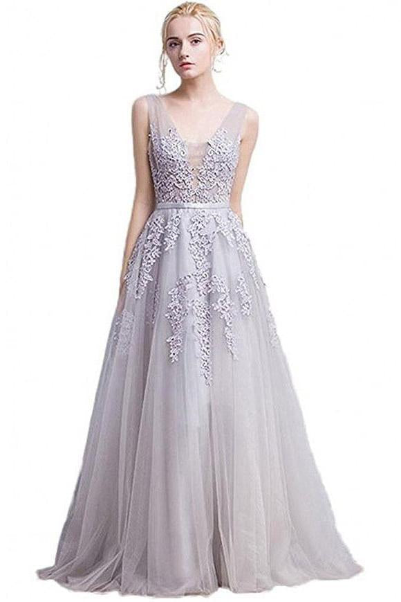 A-Line Grey Tulle with Lace Appliqued V-Neck Long Sleeveless Floor-Length Prom Dresses