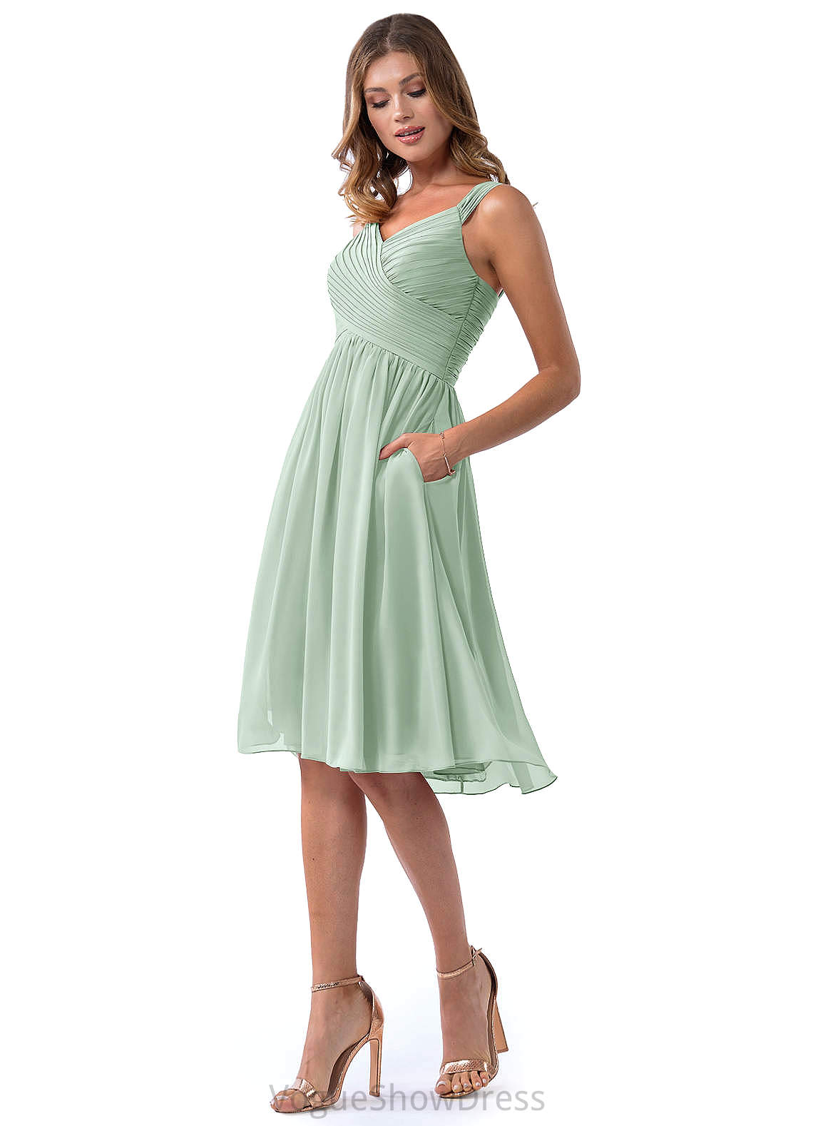 Summer Natural Waist Tea Length V-Neck Sleeveless A-Line/Princess Bridesmaid Dresses