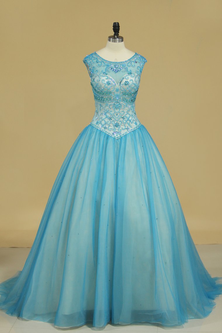 2024 New Arrival Bateau Beaded Bodice Ball Gown Quinceanera Dresses Tulle Court Train