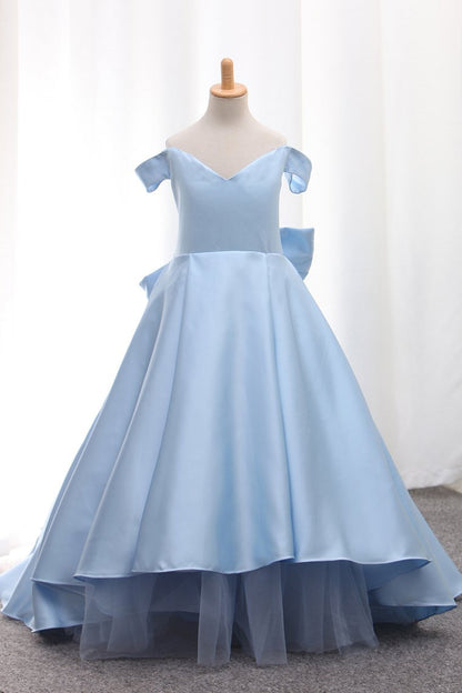 2024 Satin A Line Off The Shoulder Asymmetrical Flower Girl Dresses With Bow Knot