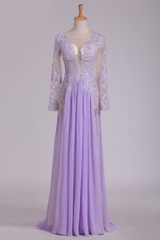 2024 Scoop Long Sleeves Prom Dresses With Applique And Beads A Line Chiffon