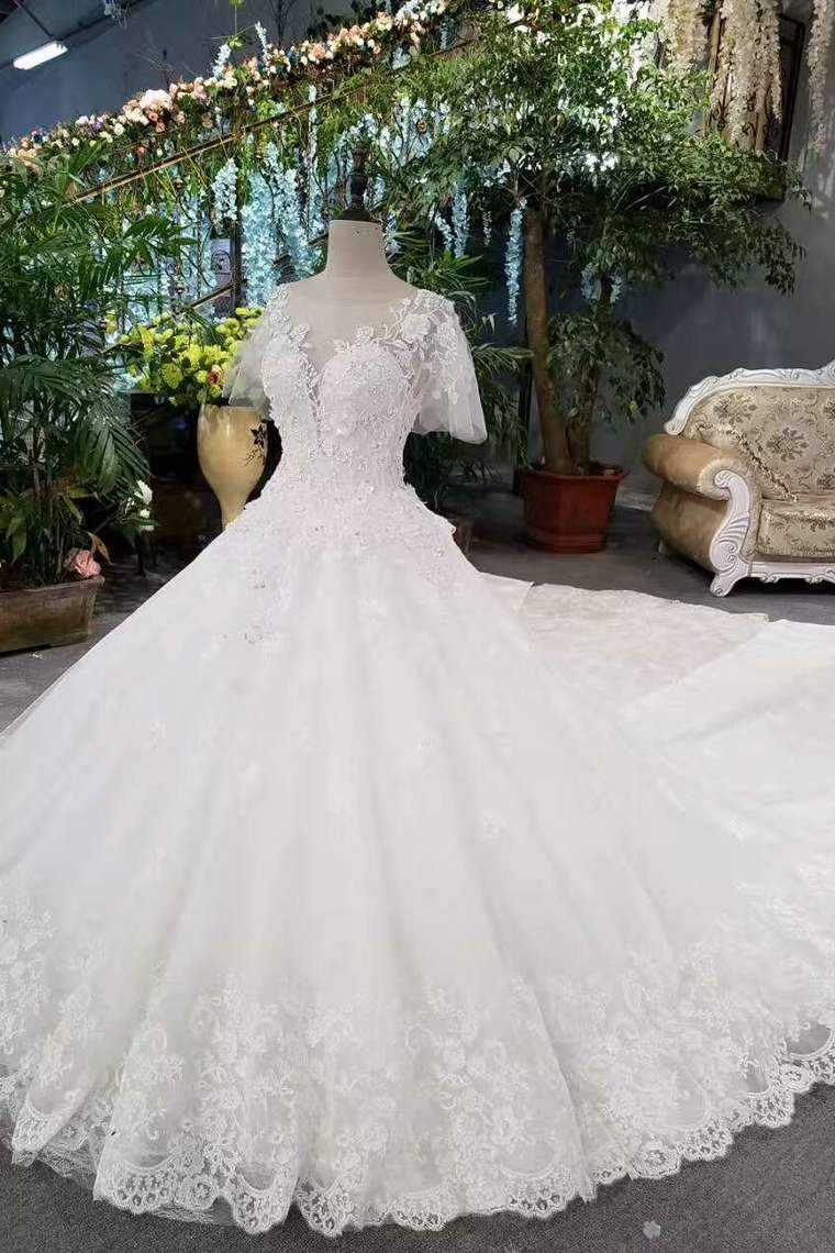 Luxurious Wedding Dresses Scoop Neck With Appliques And Sequins Lace Up Long Sleeves