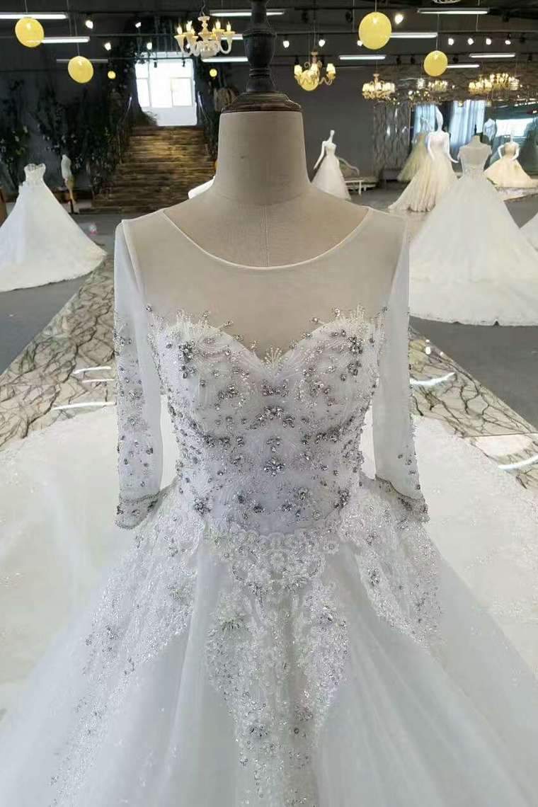 Luxurious Wedding Dresses Scoop Neck With Appliques And Sequins Lace Up Long Sleeves