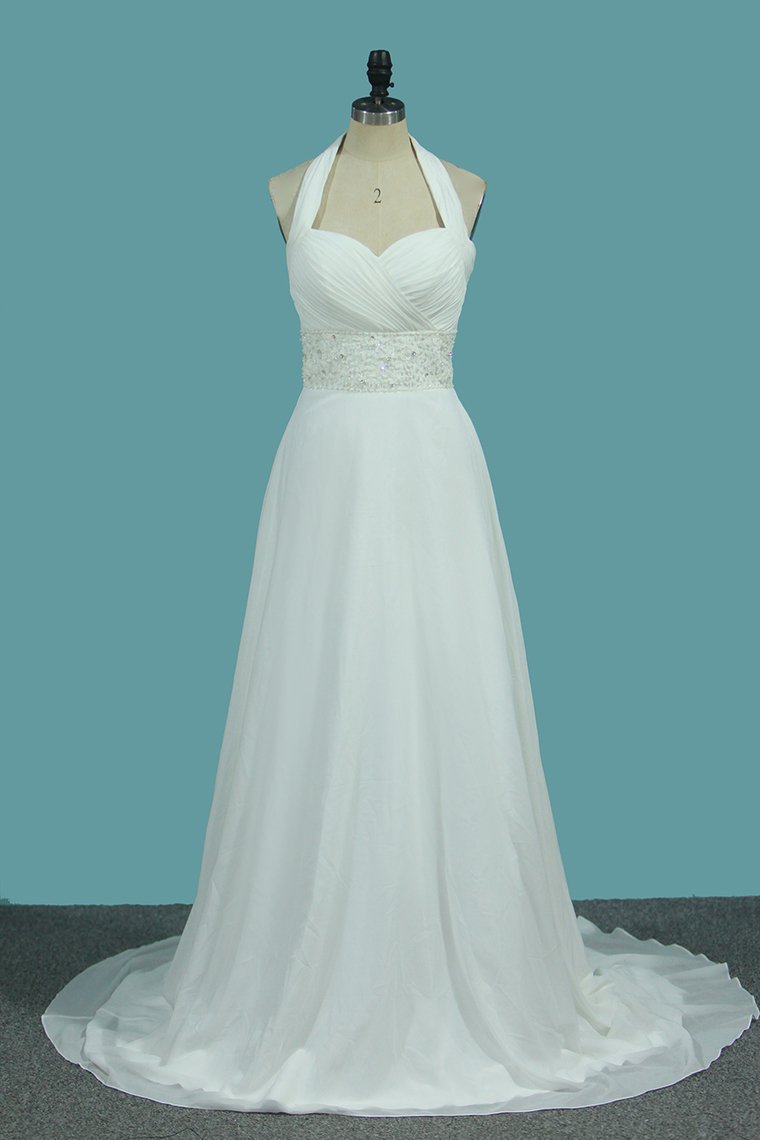 A Line Chiffon Wedding Dresses With Beading & Sequince Court Train