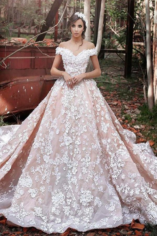 2024 A-Line Off the Shoulder Ball Gown Court Train Tulle Appliques Wedding SRS10064