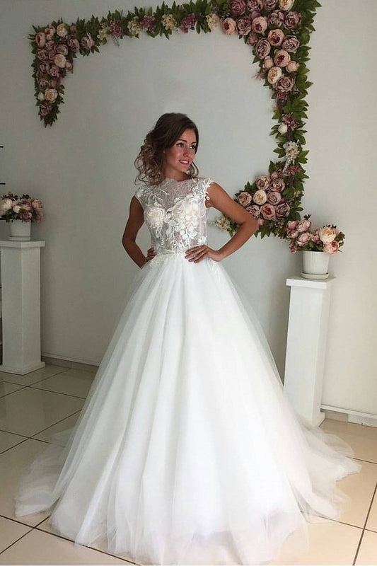 2024 Bateau A Line Wedding Dresses Tulle With Applique Sweep Train