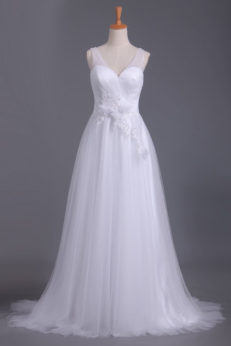 2024 A Line V Neck Open Back Wedding Dresses Tulle With Ruffles And Handmade Flowers