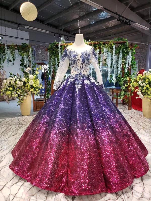 Ball Gown Ombre Sparkly Long Sleeve Sequins Prom Dresses, Quinceanera Dresses SJS15066