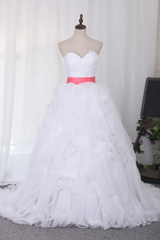 Sweetheart Ruffled Bodice A Line Organza Court Train Wedding Dresses