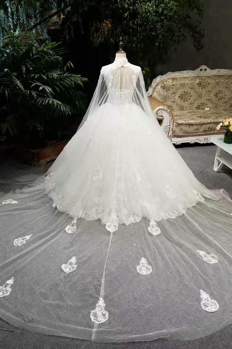 Classical Floor Length Wedding Dresses High Neck Tulle Lace Up With Sequins Appliques Long Shoulder Veils