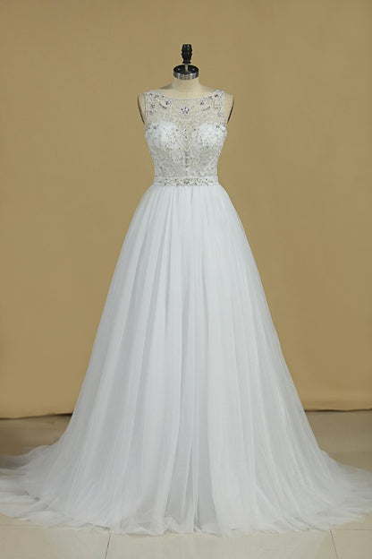 2024 A Line Bateau Open Back Beaded Bodice Tulle Court Train Wedding Dresses