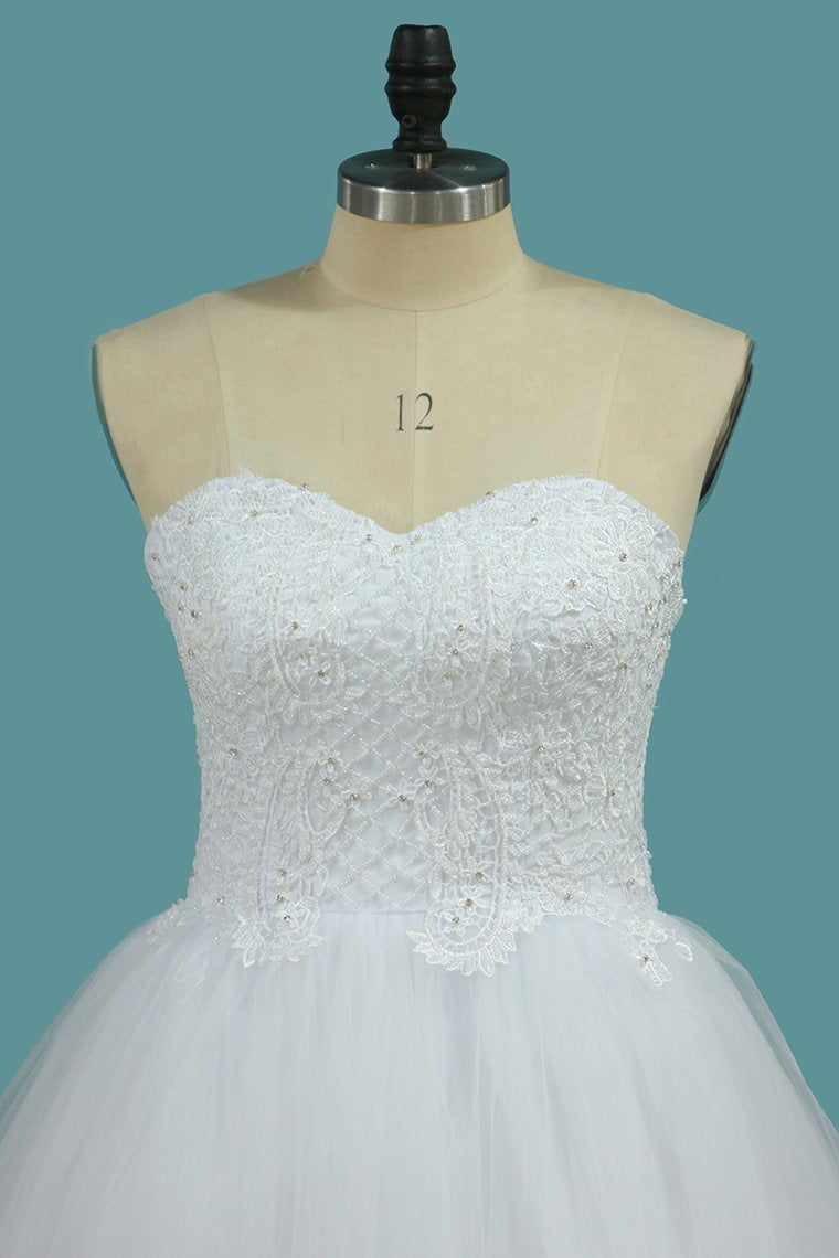 Sweetheart Tulle A Line Wedding Dresses With Applique And Beads Sweep Train